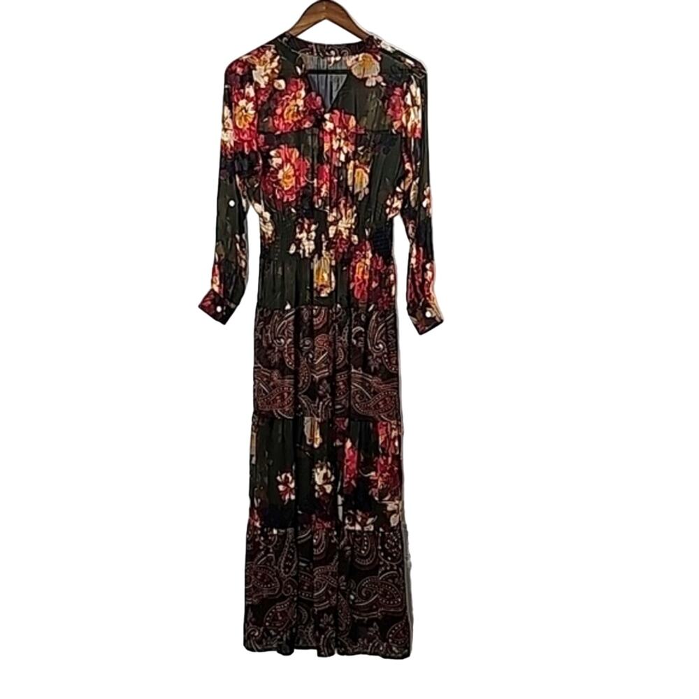 Women Sz S Maxi Sheer Dark Floral Fairy BOHO Tiered Ruffle Smocked Dress